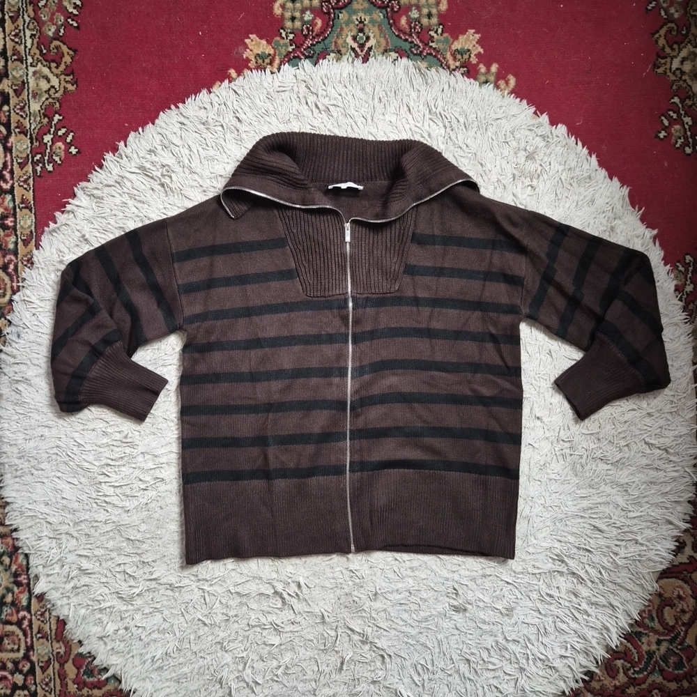 WeWoreWhat Zip Up Cardigan Sweater Oversized Stripes Chocolate Brown S/M ✨️